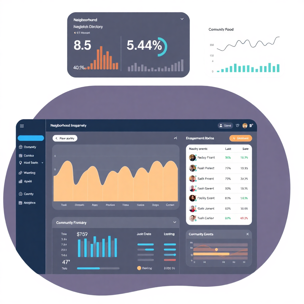 local community dashboard showing neighborhood engagement metrics, local business directory listings, and community event participation data, modern analytics interface