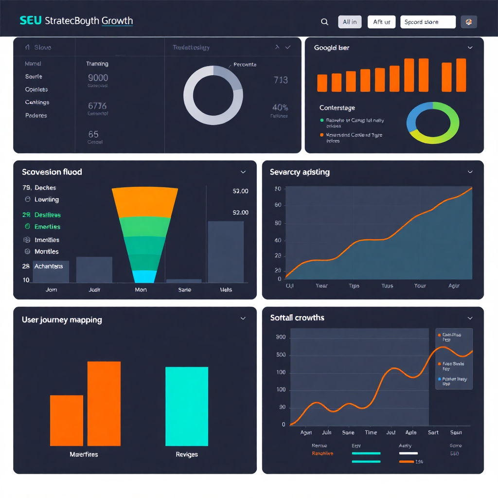 strategic growth dashboard showing conversion funnel analytics, user journey mapping, and revenue attribution charts, professional business intelligence interface